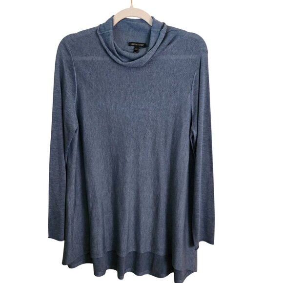 Eileen Fisher Tencel Merino Wool Steel Blue Cowl Neck High Low Sweater Size M - Picture 1 of 7